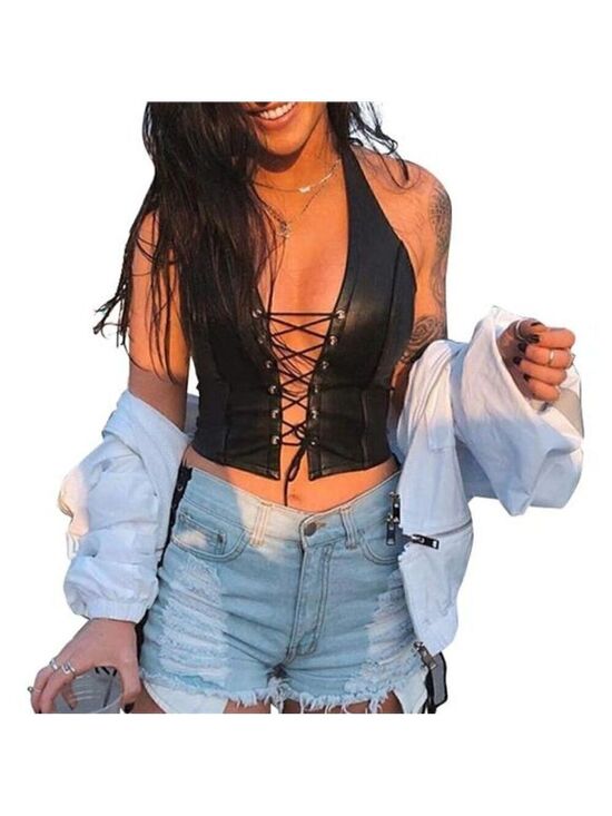 Tops - Women's Adjustable Spaghetti Straps PU Leather Bustier Crop Tube Top BDSM PARTY